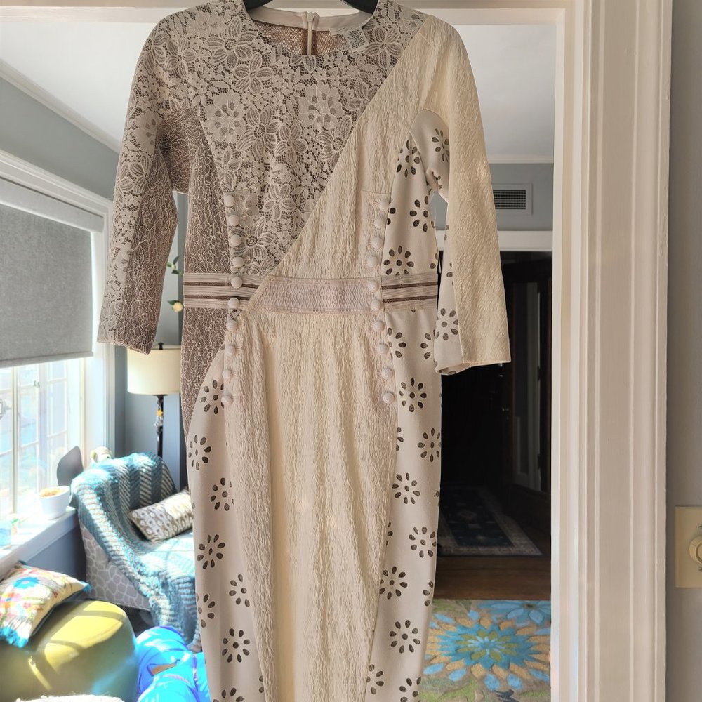 Byron Lars Beauty Mark White lace, leather look dress sz 4 - Picture 8 of 8